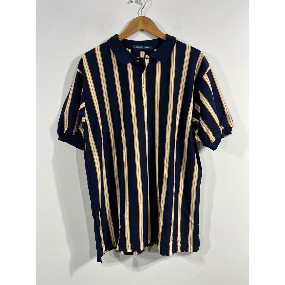 VTG 90s Claybrooke Vertical Stripe Old Money Retro Grunge Polo Shirt Mens Large